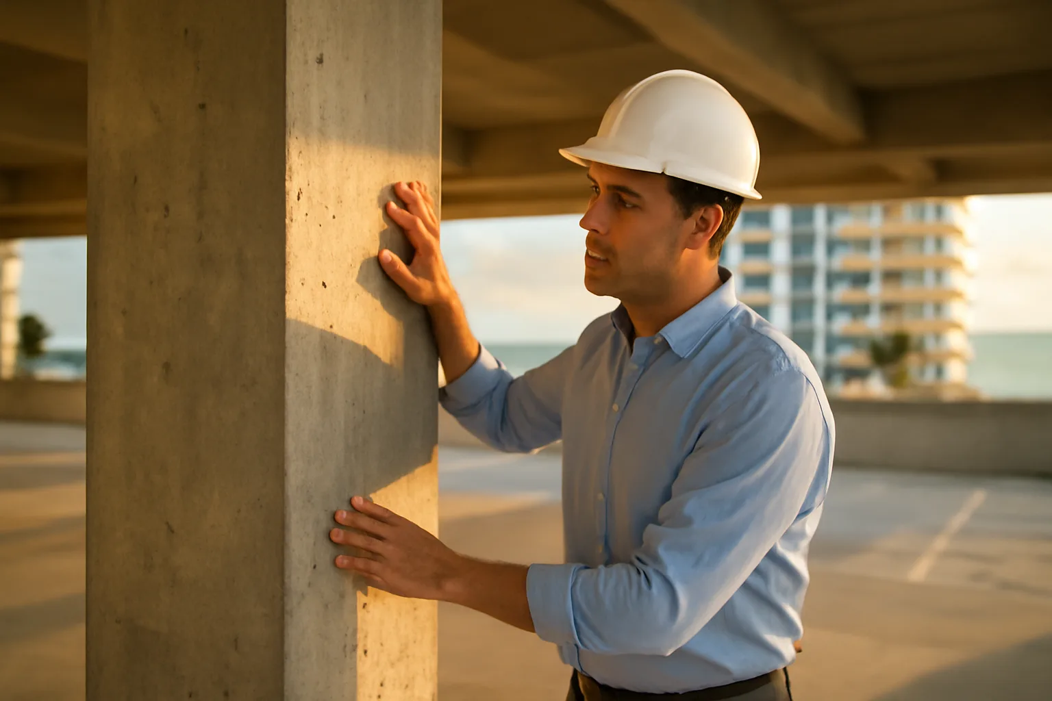 Engineer inspecting a concrete column during a Florida structural integrity reserve study