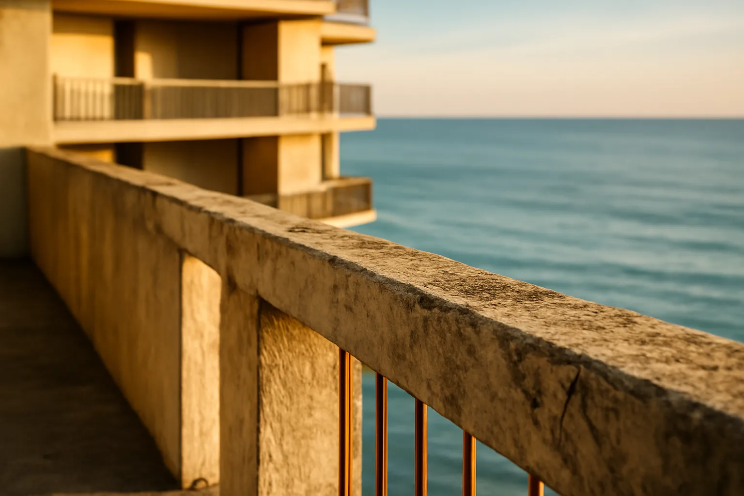 Concrete balcony of an aging Naples Florida condo tower facing special assessment repairs