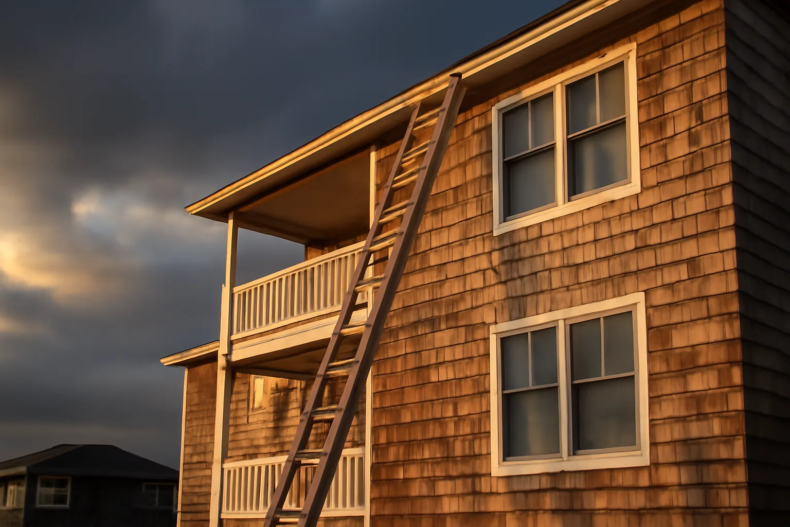 Condominium building exterior with ladder against roofline, evening light after a storm