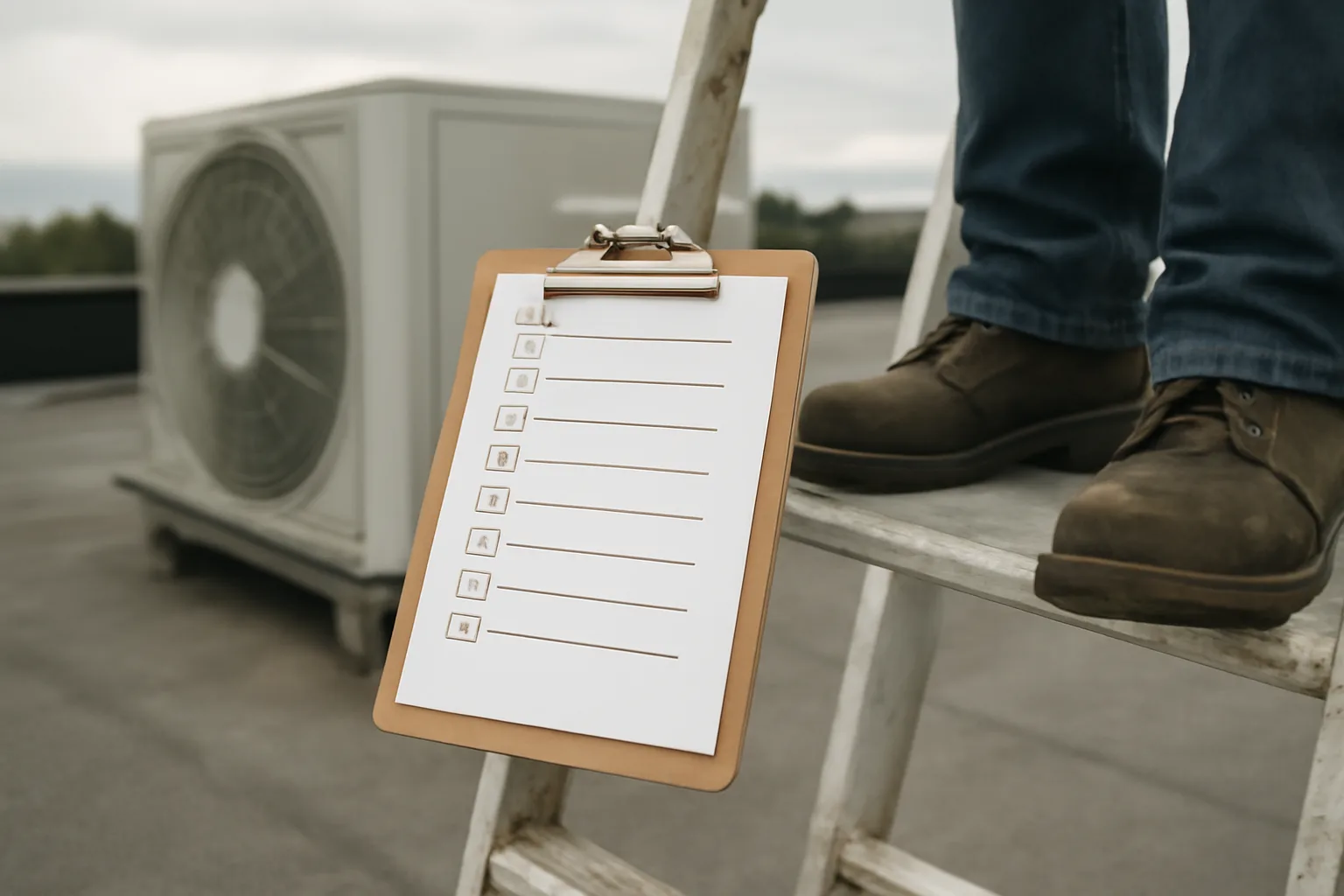 Inspector's clipboard and ladder on a condo rooftop during a reserve study site visit