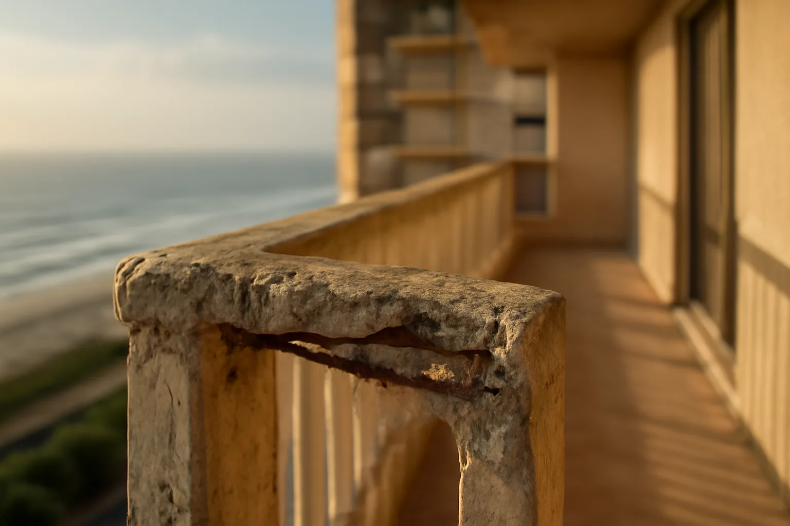 Weathered concrete balcony on a Florida coastal condo building showing structural wear