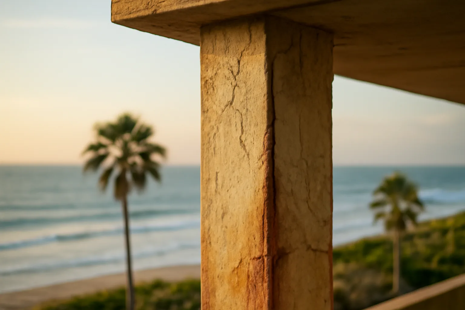 Cracked concrete support column on a Florida coastal condo building showing structural wear