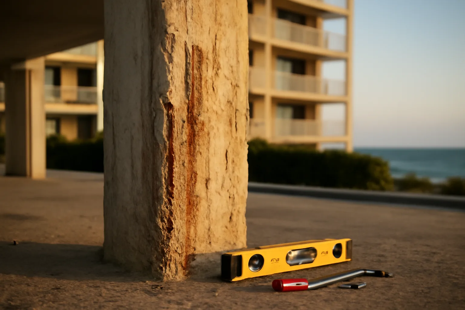 Engineer's tools beside a weathered concrete column during a Florida condo structural inspection