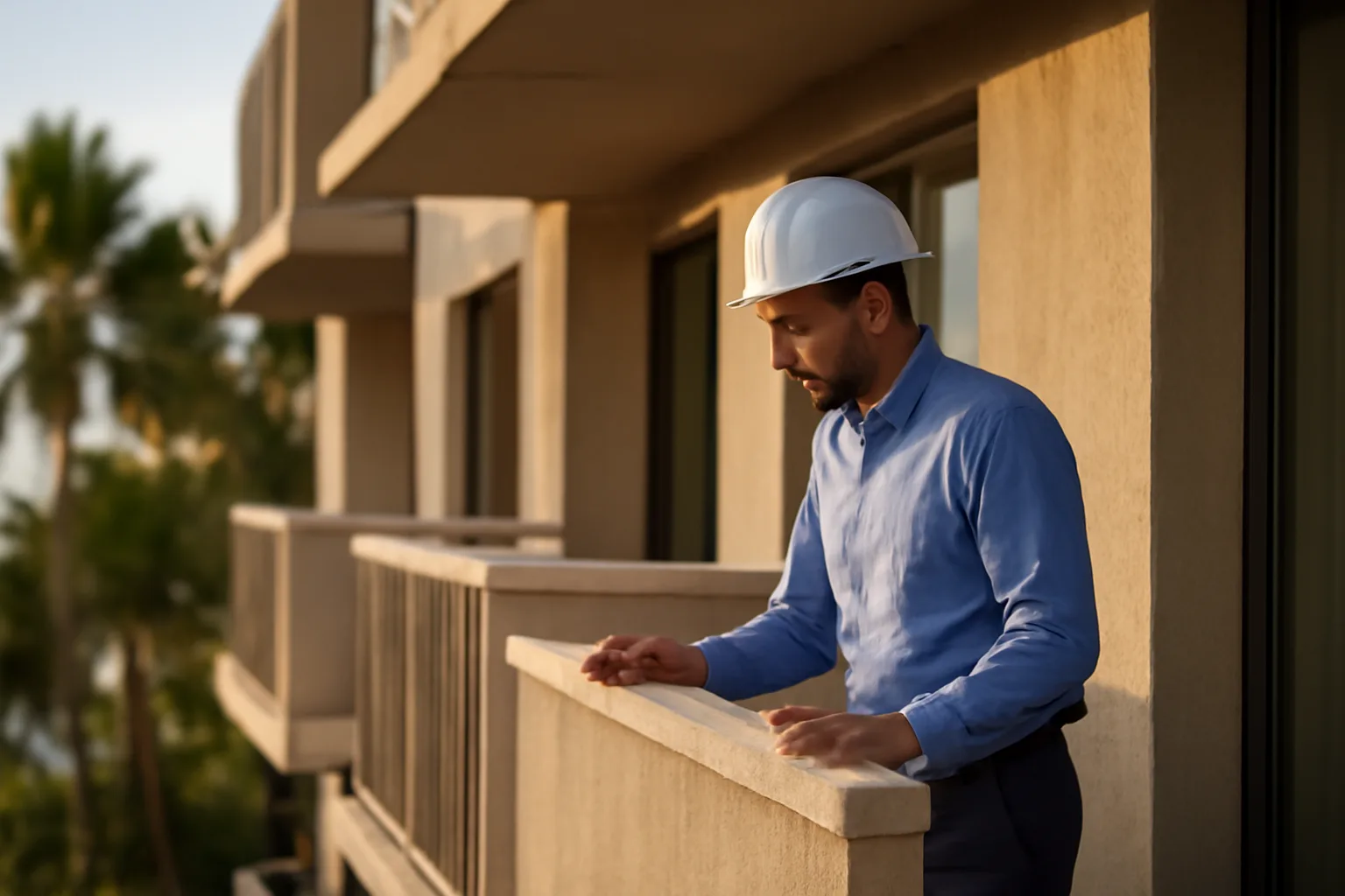 Engineer inspecting a coastal Florida condo balcony during a milestone structural inspection