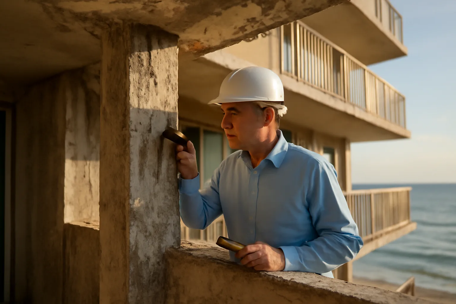 Engineer inspecting a concrete support column on a coastal Florida condo building