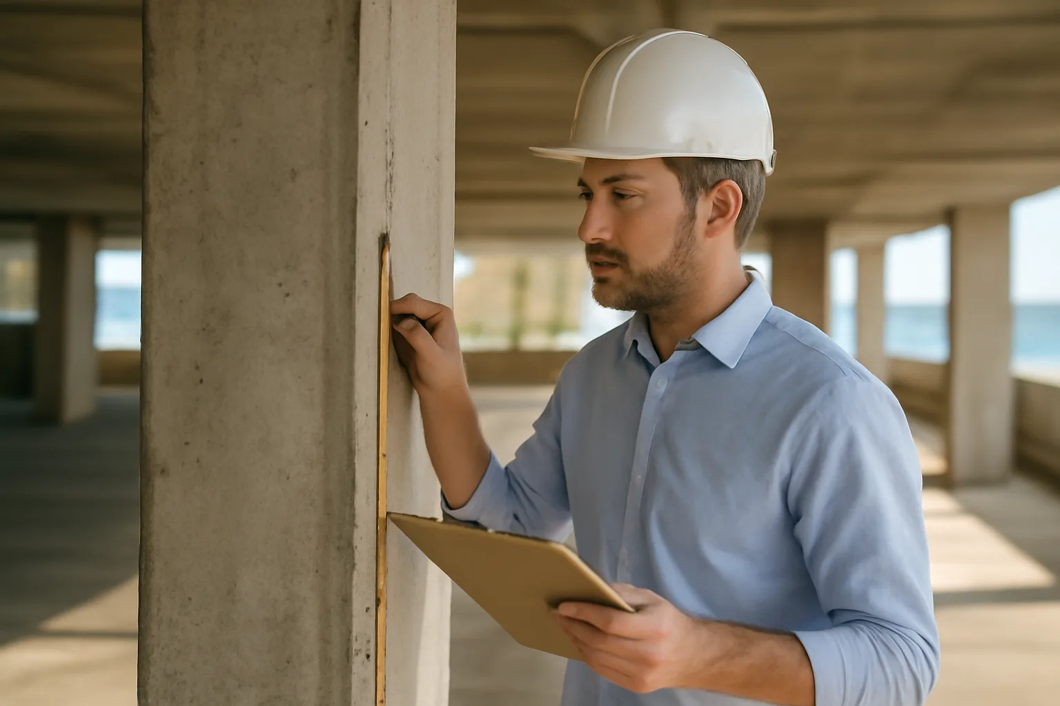 engineer inspecting a concrete column during a Florida condo reserve study assessment