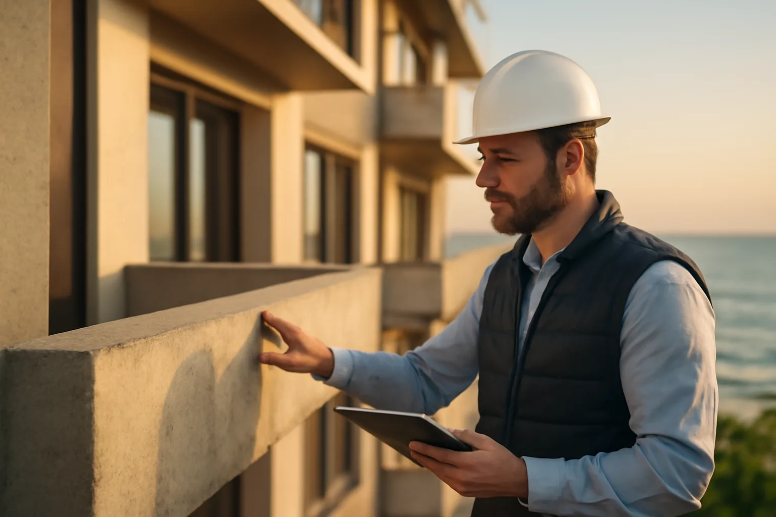 Engineer inspecting concrete balcony structure on a Florida coastal condo building