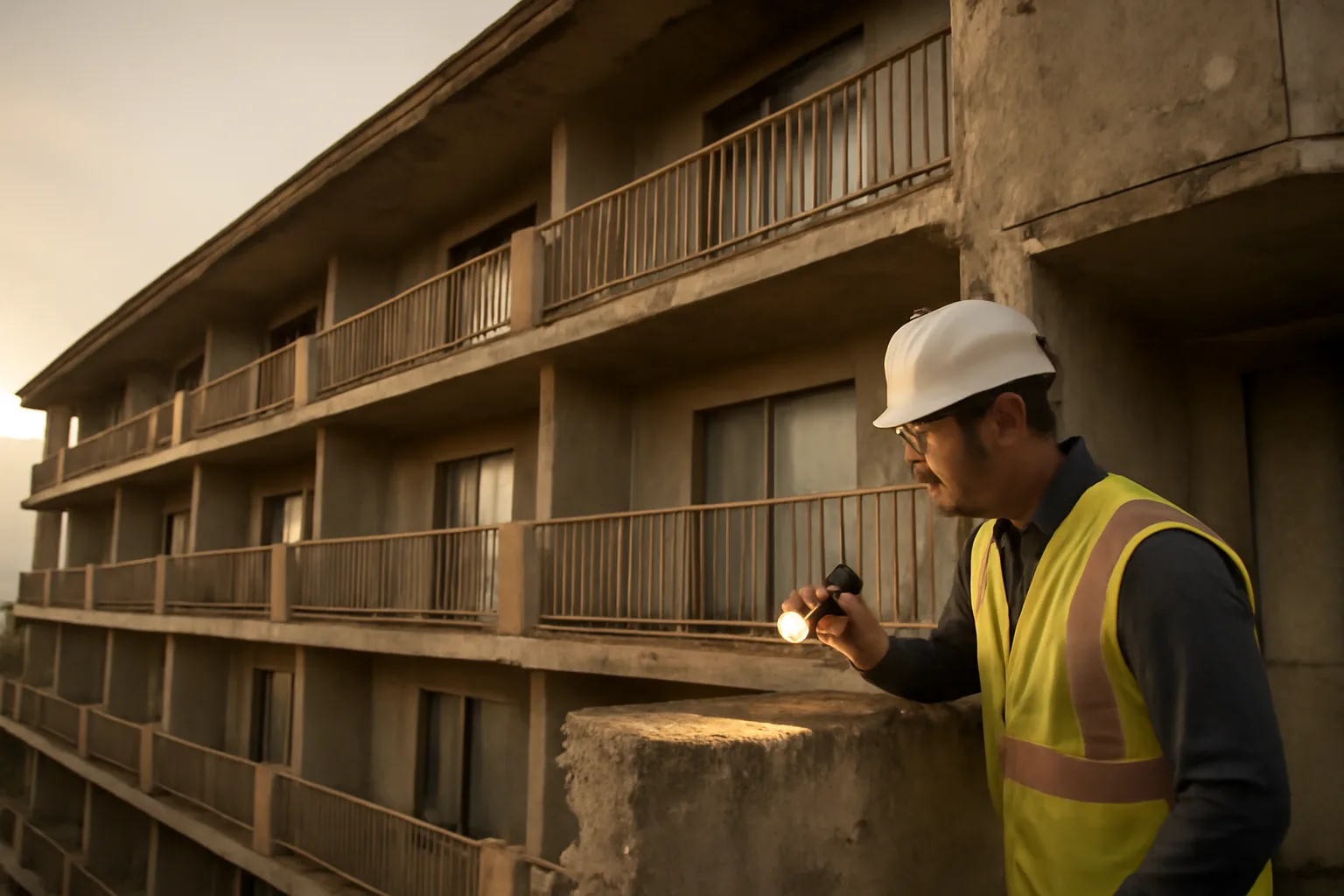 Engineer inspecting concrete balcony structure on a Florida coastal condo building at dawn