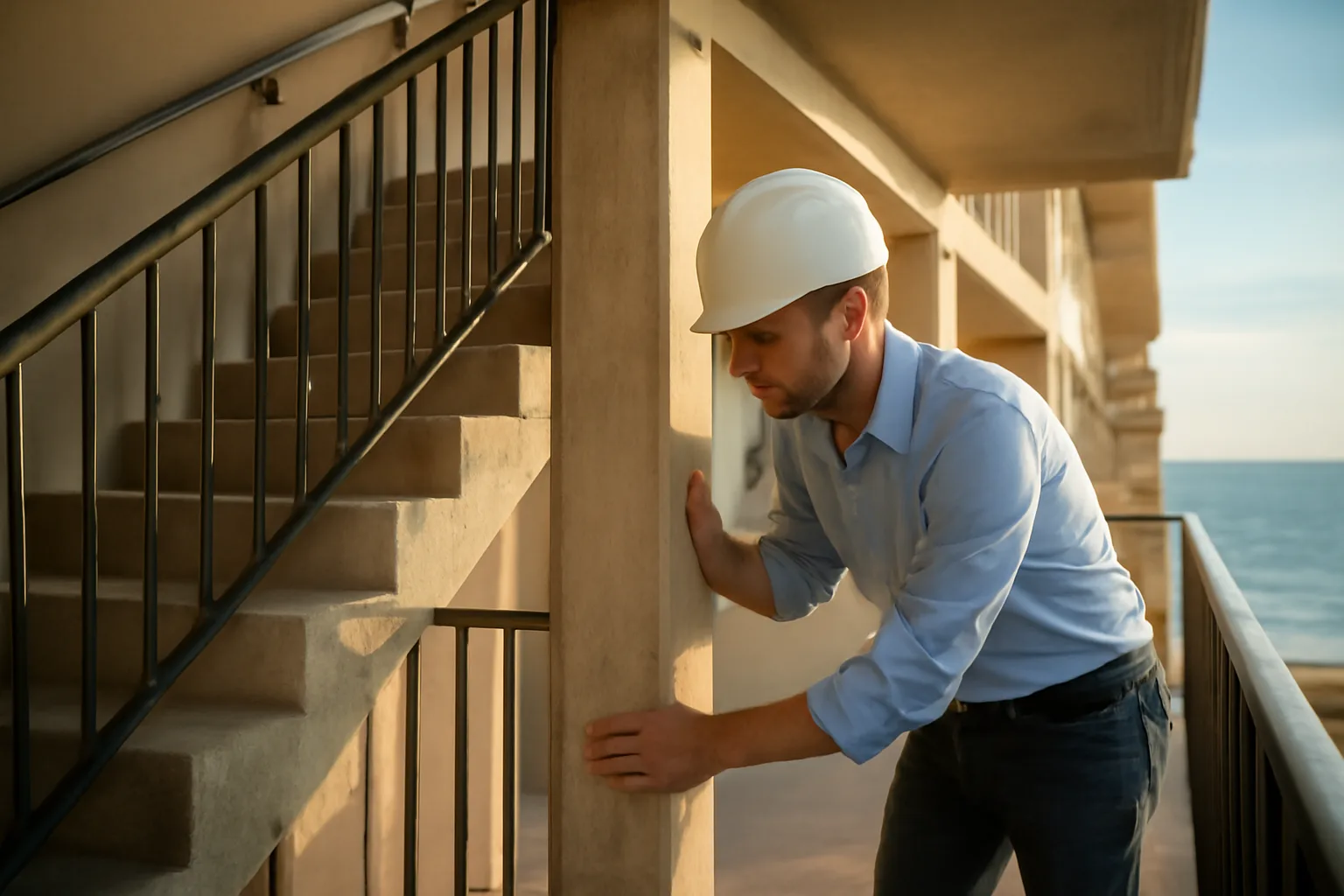 Engineer inspecting concrete support column during a Florida condo milestone inspection near the coast