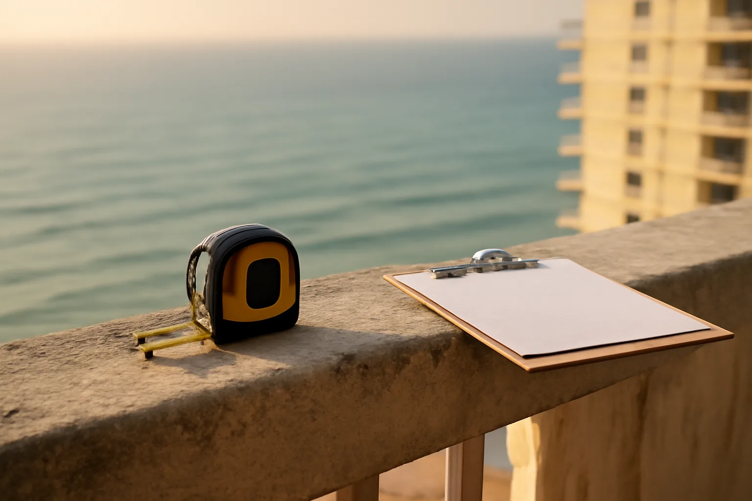 Engineer's tape measure on a coastal Florida condo balcony during a structural inspection