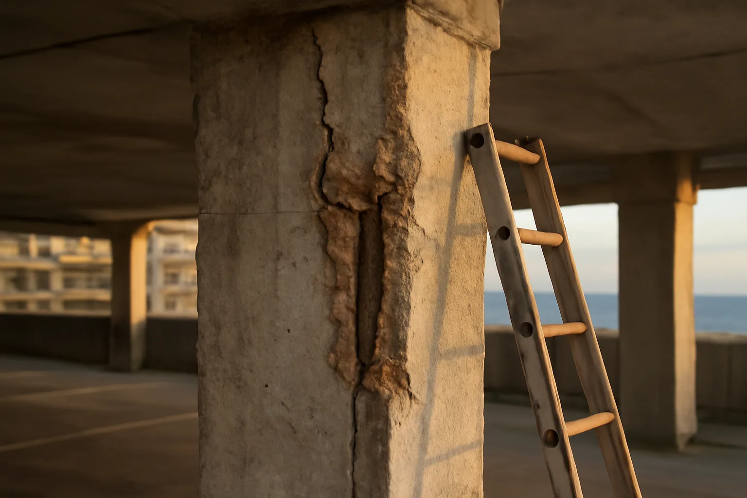 Engineer's ladder beside a cracked concrete support column during a Florida milestone inspection