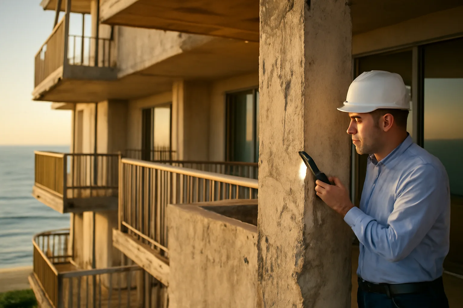 Engineer inspecting a Florida condo building's structural column near the coast