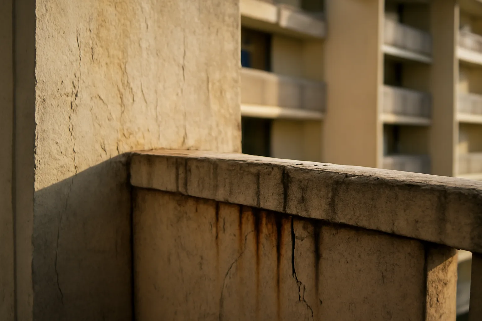 Weathered concrete balcony and exterior wall on a Florida condo building showing structural wear