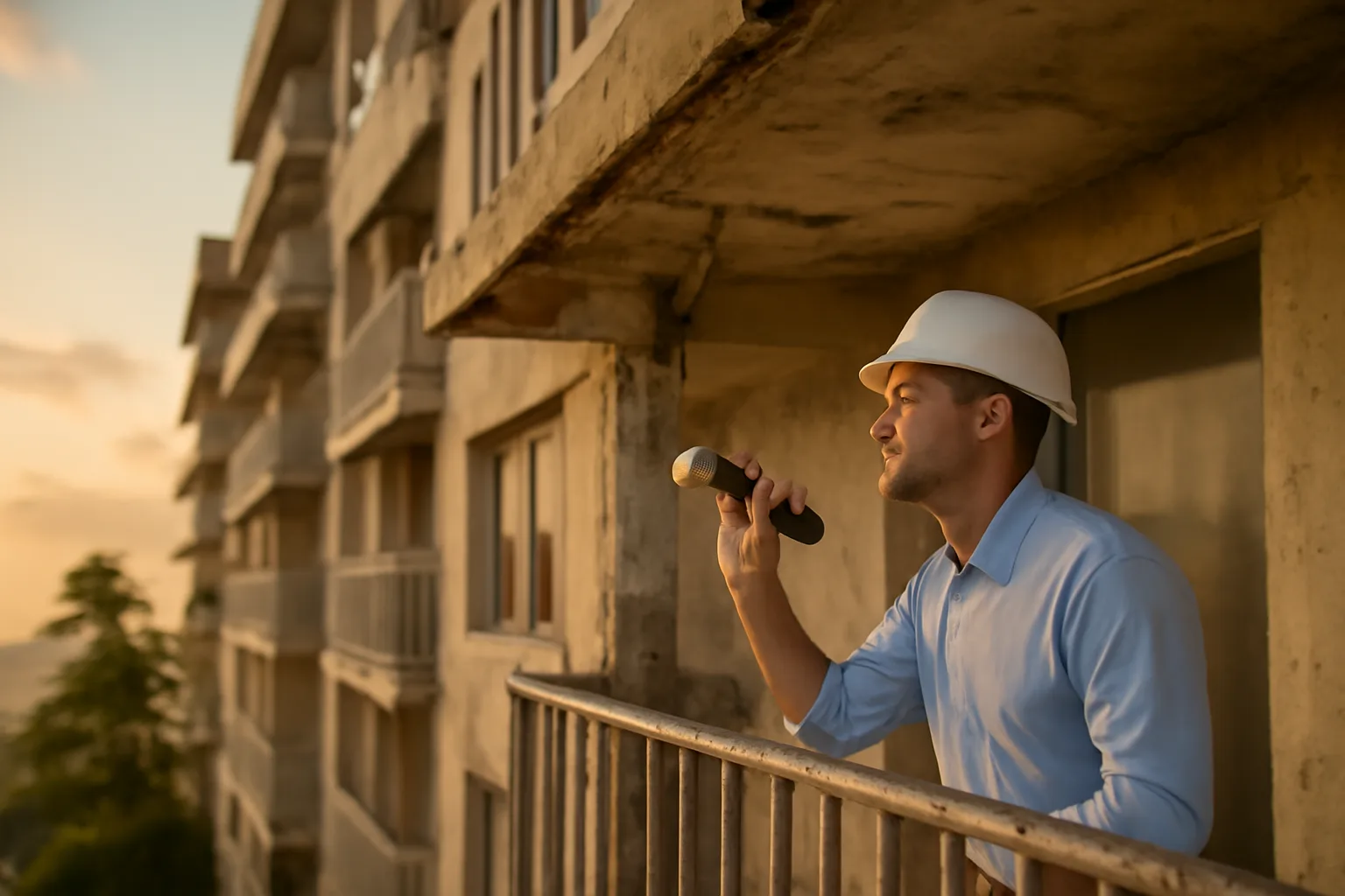 Engineer inspecting a Florida condo building's structural balcony support during a SIRS evaluation