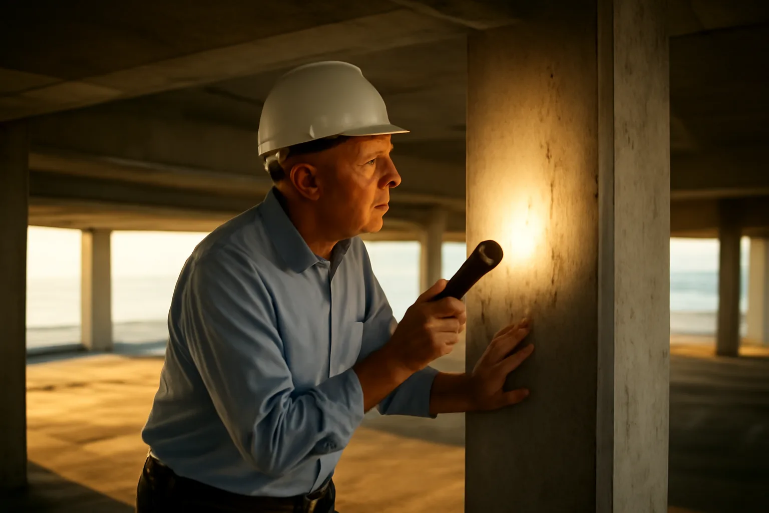 Engineer inspecting a concrete support column during a Florida condo structural reserve study
