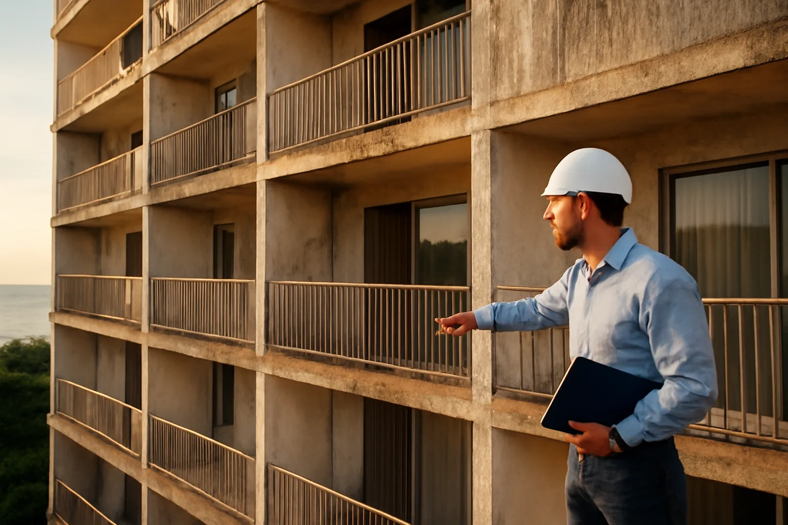 Engineer inspecting a Florida coastal condo building facade during a milestone inspection