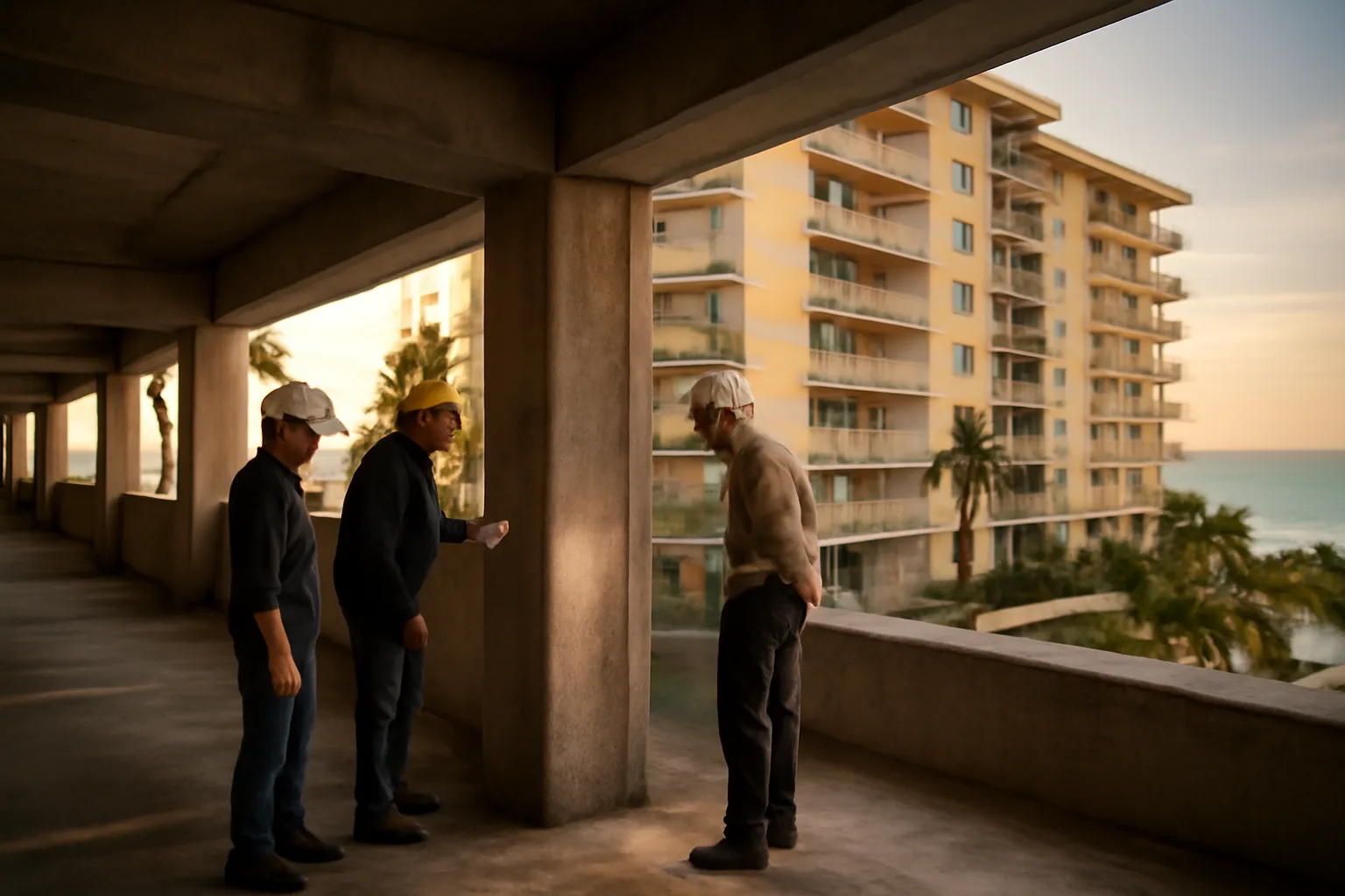 Engineer inspecting concrete column in coastal Florida condo garage during milestone inspection