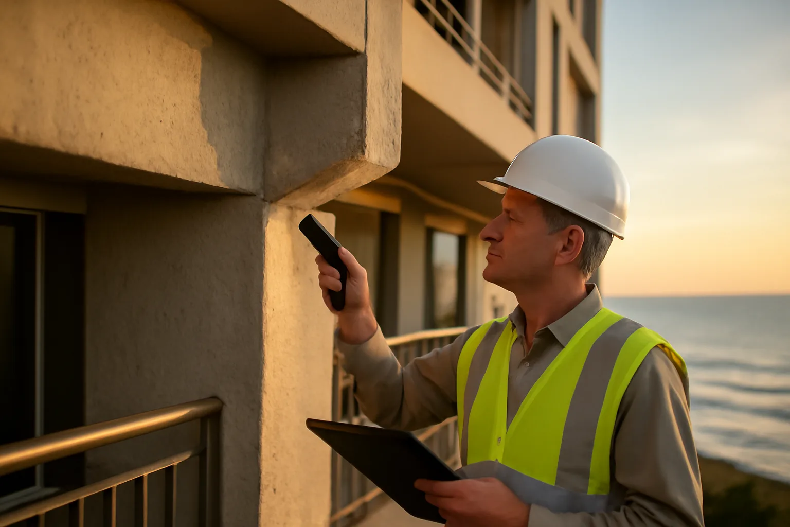 Engineer inspecting concrete balcony structure on a Florida coastal condo building during a milestone study