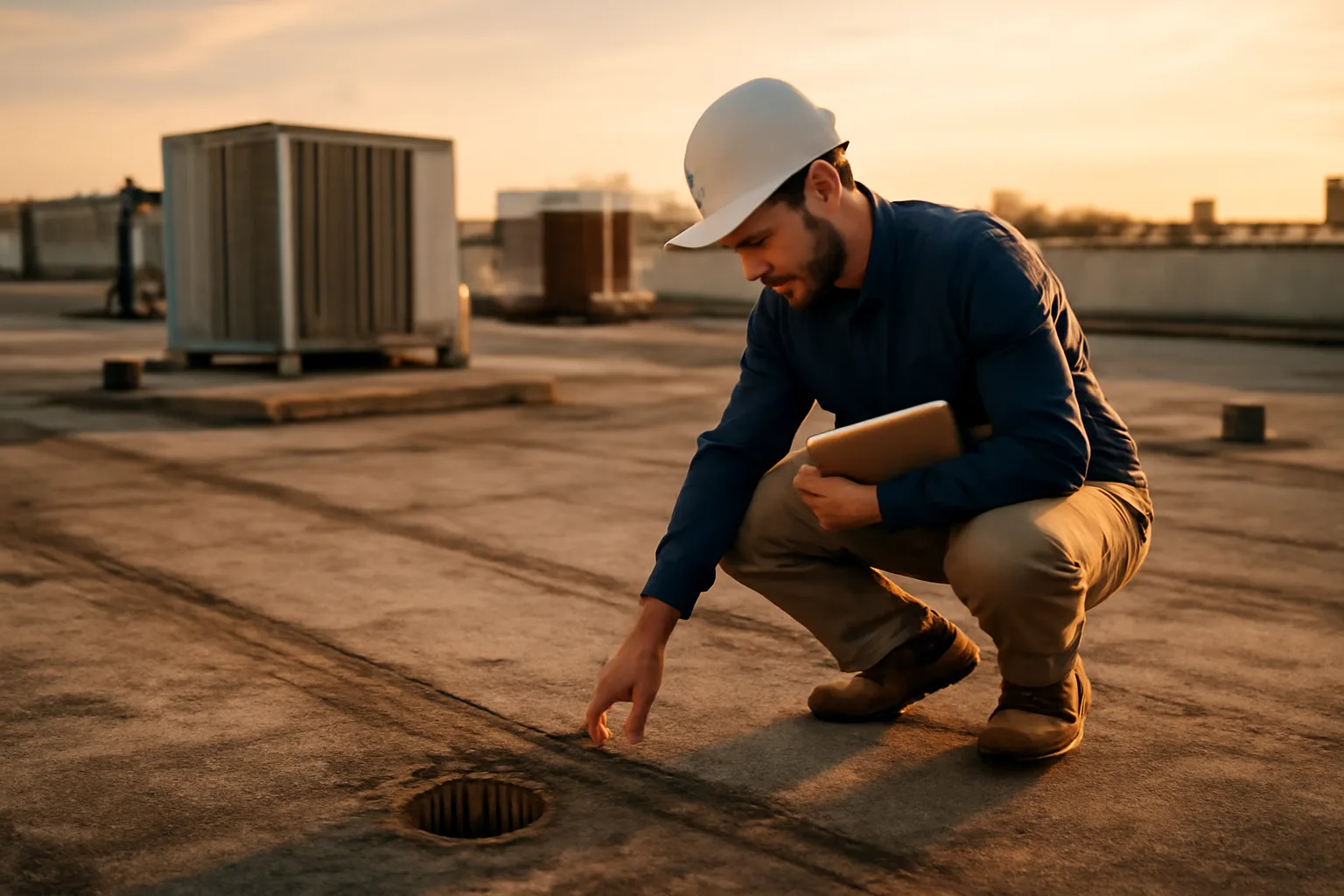 Inspector examining condominium rooftop components during a reserve study assessment
