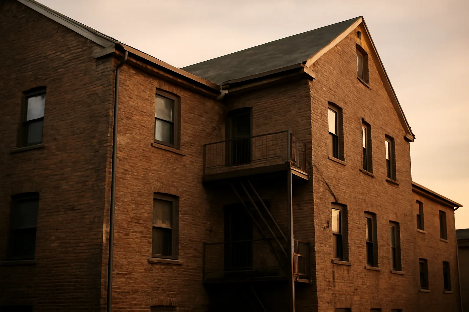 Multi-story brick condo building exterior showing roof and structural details at dusk