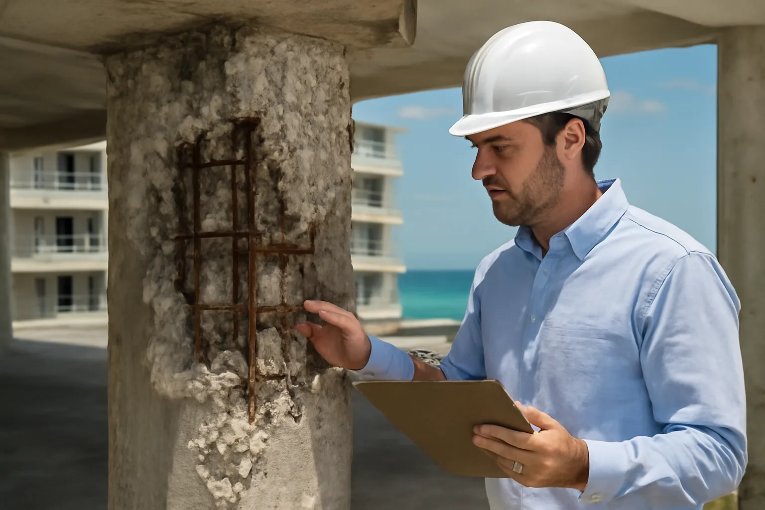 Engineer inspecting structural concrete column under Florida SIRS law requirements