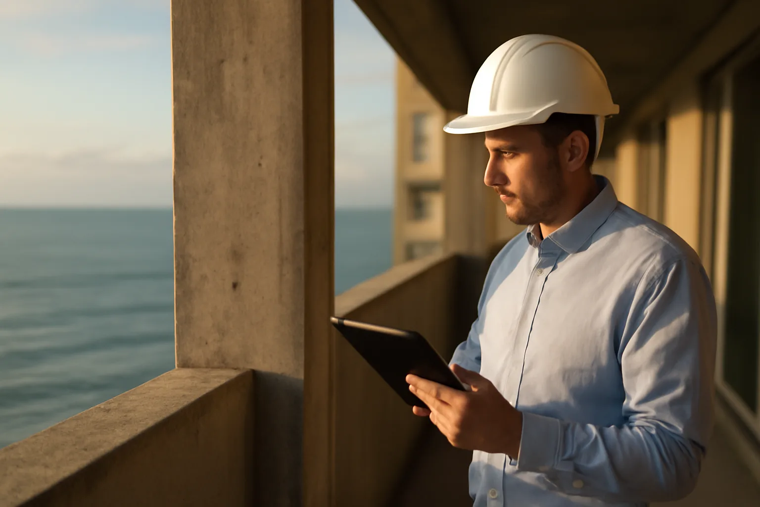 Engineer inspecting concrete support column on a Florida coastal condo building