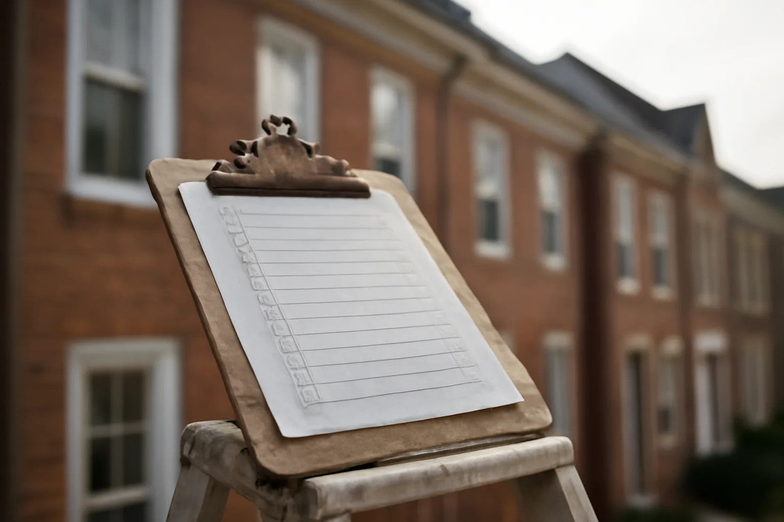 Inspector's clipboard on a ladder beside a Virginia condo building exterior