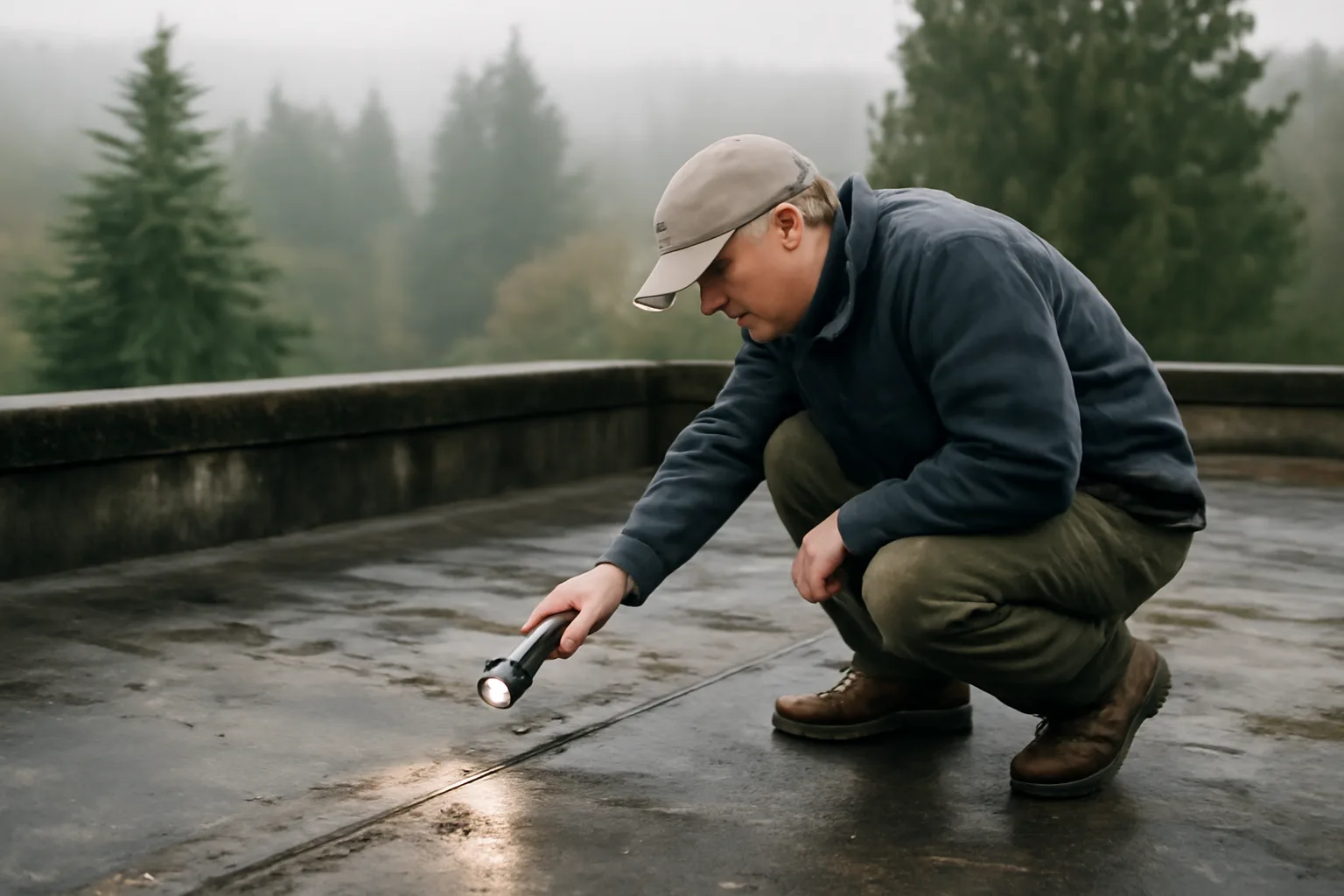 Inspector examining a condo building roof membrane under Washington state condo reserve study law