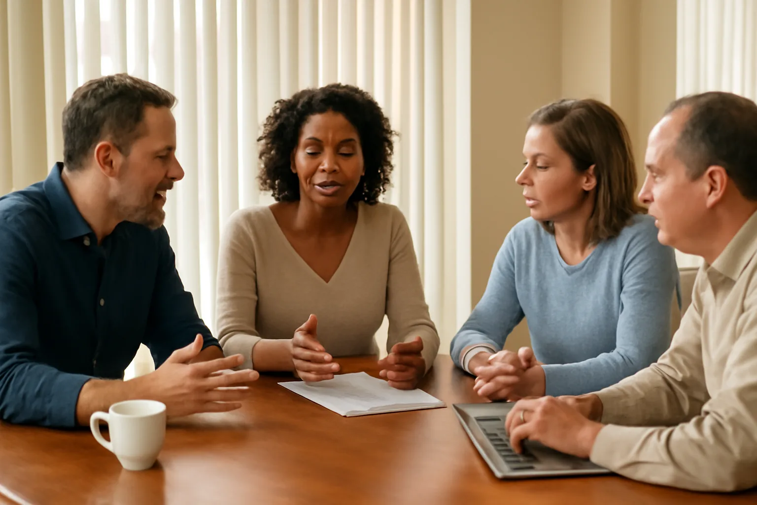 Condo board members reviewing documents together at a clubhouse meeting table