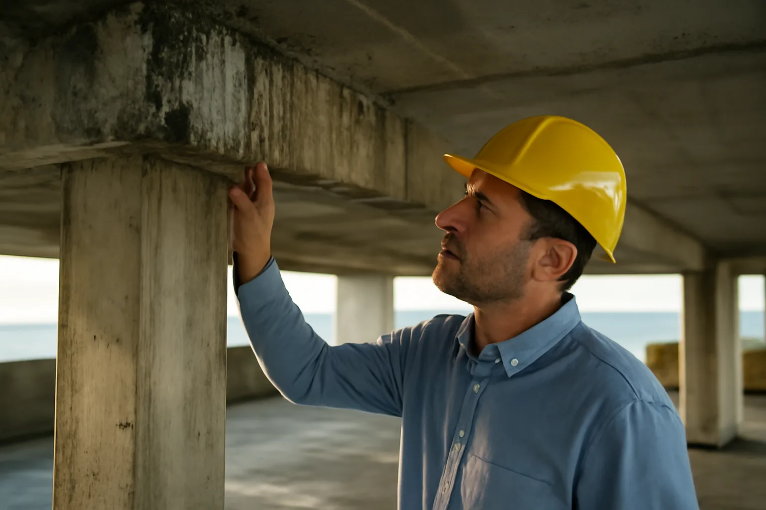 Engineer inspecting concrete support column during a Florida milestone inspection